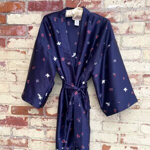 Romantic vintage satin dressing gown robe valentines cupid hearts midnight blue